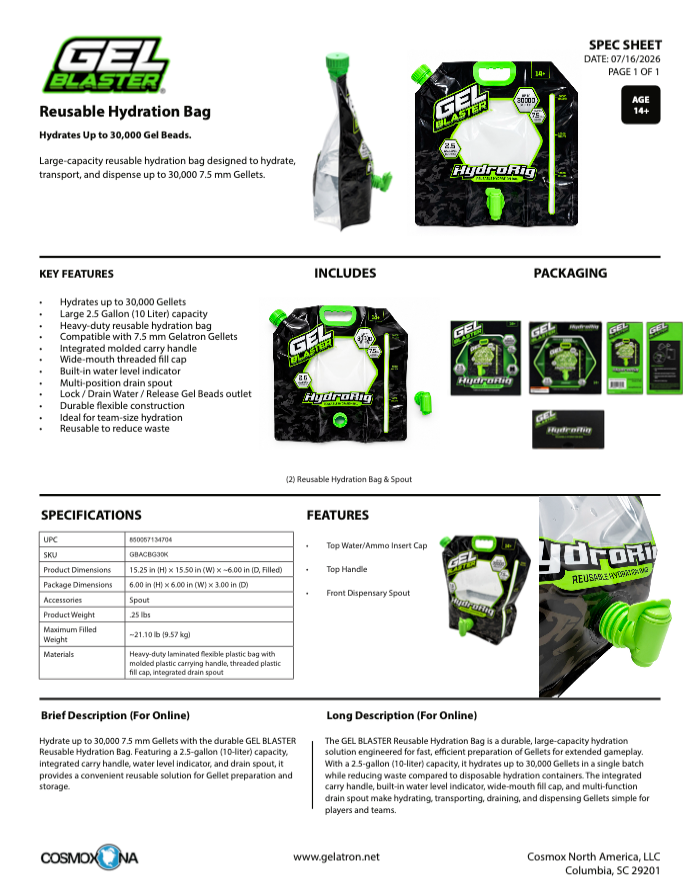 HydroRig Reusable Hydration Bag (30,000 Gellet Capacity)